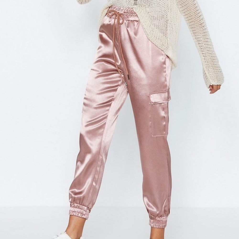 Pink satin cargo joggers